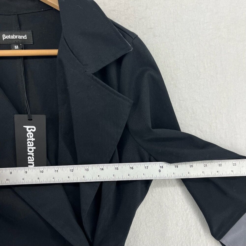 Betabrand Duster Trench Coat Womens M Black Wrap Style Belt Tie 3/4 Sleeves USA - Picture 3 of 13